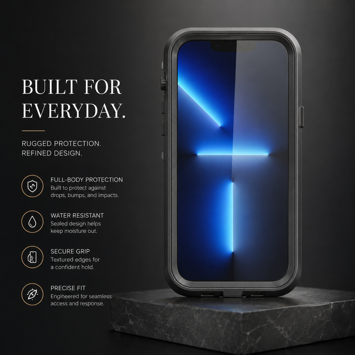 Front view of a black full-body case with a blue screen, standing on a dark stone pedestal. Text lists protection, water resistance, secure grip and precise fit.