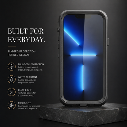 Front view of a black full-body case with a blue screen, standing on a dark stone pedestal. Text lists protection, water resistance, secure grip and precise fit.