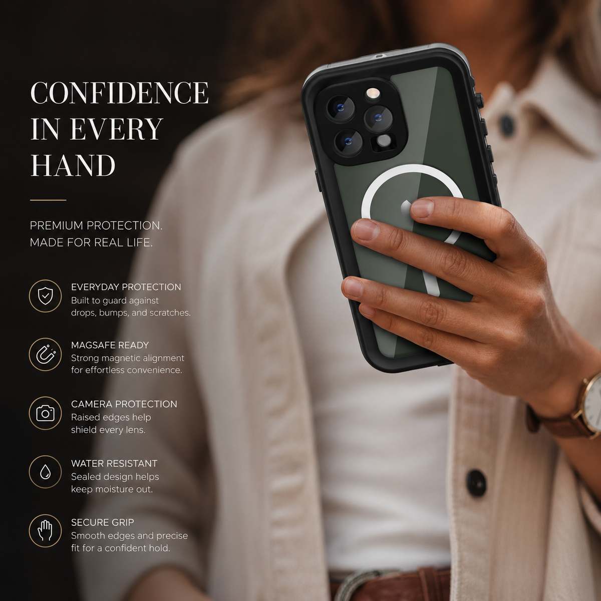A person in a beige overshirt holds a dark green phone inside a black magnetic case. Text promotes protection, MagSafe readiness, camera protection, water resistance and a secure grip.