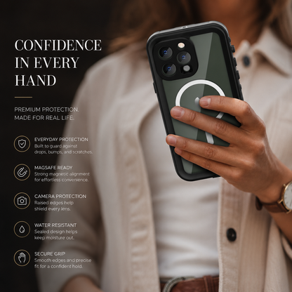 A person in a beige overshirt holds a dark green phone inside a black magnetic case. Text promotes protection, MagSafe readiness, camera protection, water resistance and a secure grip.