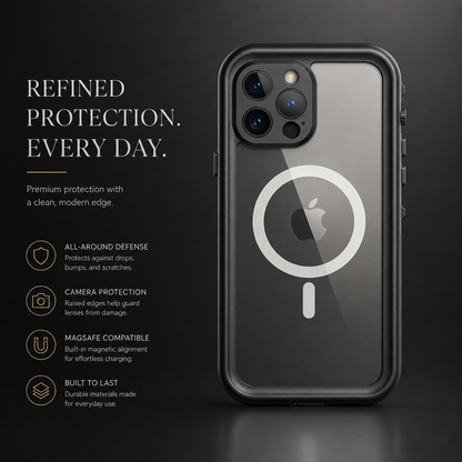 Black full-body case shown upright from the clear back with a white magnetic ring surrounding the Apple logo. Text advertises all-round defense, camera protection, MagSafe compatibility and durability.