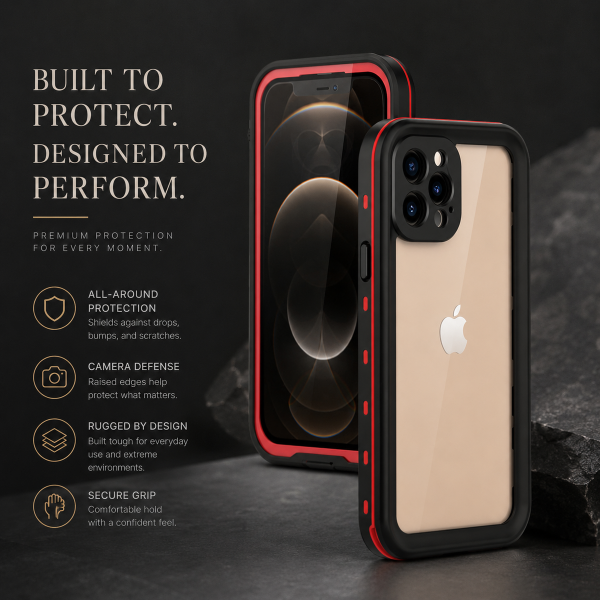 Gold phone in a red-accented black full-body case shown from front and rear beside rocks. Text promotes protection, camera defense, rugged construction and a secure grip.