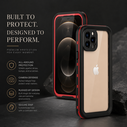 Gold phone in a red-accented black full-body case shown from front and rear beside rocks. Text promotes protection, camera defense, rugged construction and a secure grip.