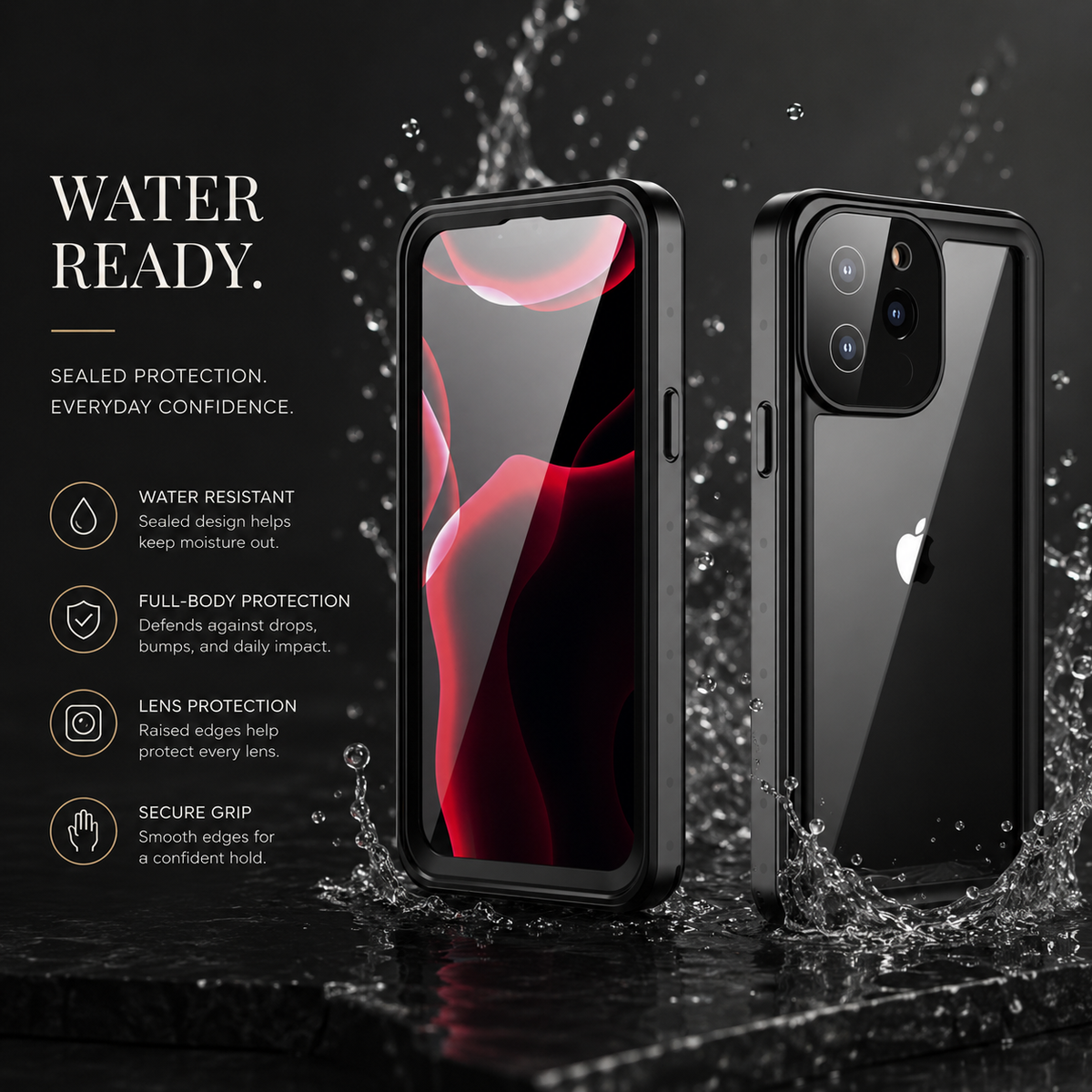 Black full-body case shown from front and clear back on wet stone amid splashes, revealing a gray phone without a magnetic ring. Text advertises water resistance and lens protection.