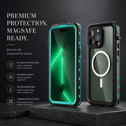 Turquoise-accented black magnetic case stands in front and rear views on a stone slab. Text promotes rugged protection, MagSafe readiness, water resistance and camera protection.