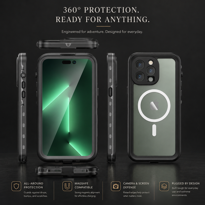 Gray full-body magnetic case shown from front, back and all four edges on a dark background. Text promotes 360-degree protection, MagSafe compatibility, camera and screen defense and rugged construction.