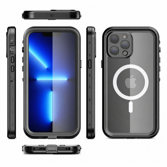 Black full-body magnetic phone case displayed from front, back, both sides, top and bottom. The clear back reveals a white magnetic ring; the bottom has a covered charging port.