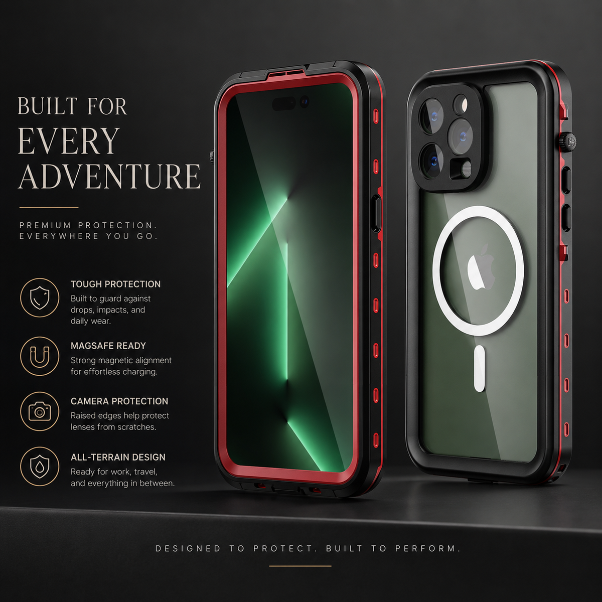 Red-accented black magnetic case shown from front and back with a green screen on a dark ledge. Text promotes protection, MagSafe readiness, camera protection and an all-terrain design.