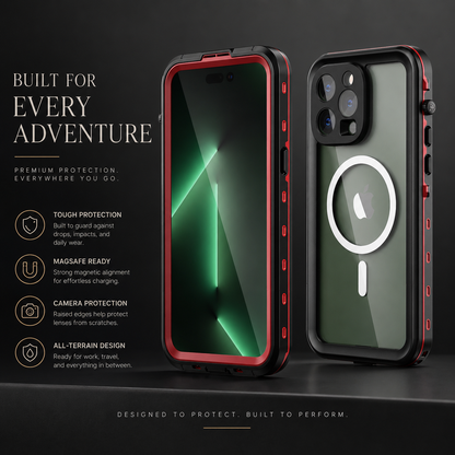 Red-accented black magnetic case shown from front and back with a green screen on a dark ledge. Text promotes protection, MagSafe readiness, camera protection and an all-terrain design.