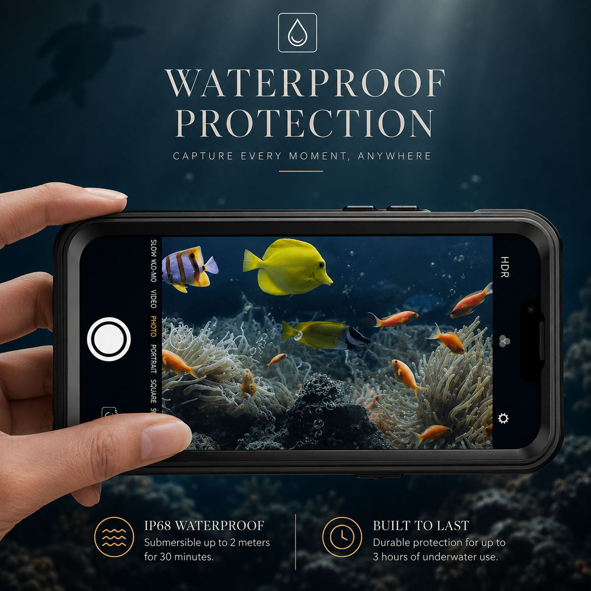 Hands hold a black full-body case horizontally underwater, with colorful fish and coral on its camera screen. Text claims IP68 waterproofing to 2 meters for 30 minutes and up to 3 hours of underwater use.