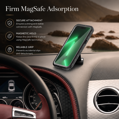 Phone in a black case mounted upright on a car dashboard beside the steering wheel, showing a green screen. Text promotes firm MagSafe attachment and a reliable magnetic hold.