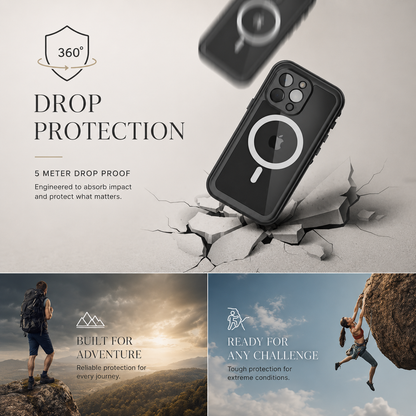 Black magnetic case illustrated dropping onto cracked ground, above hiking and rock-climbing scenes. Text claims 360-degree protection and resistance to a 5-meter drop.