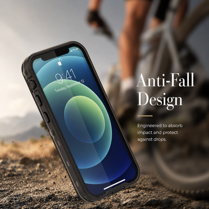 Black full-body case illustrated landing on rough ground near a cyclist's wheel, with its blue screen facing outward. Text claims an anti-fall design that absorbs impacts.