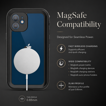Blue phone in a black full-body case with a white charging puck attached to the back. Text promotes MagSafe accessory compatibility, wireless charging and a claimed 0.85 mm profile.