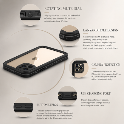 Gold phone in a black case on beige, surrounded by close-ups of the rotating mute dial, lanyard hole, camera border, covered USB charging port and side buttons.