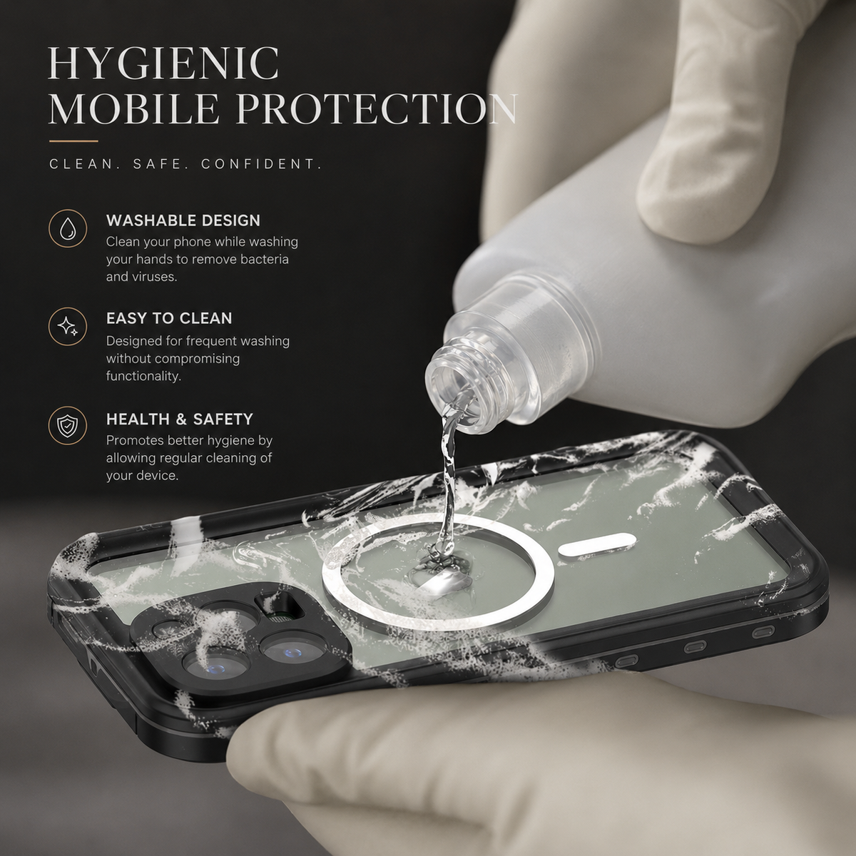 Gloved hands hold a black magnetic case while clear liquid is poured over its back. Text advertises a washable design for regular cleaning and hygienic phone protection.