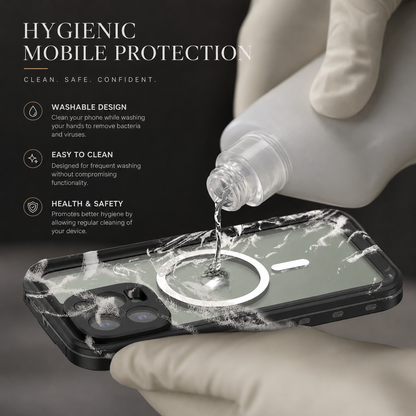 Gloved hands hold a black magnetic case while clear liquid is poured over its back. Text advertises a washable design for regular cleaning and hygienic phone protection.