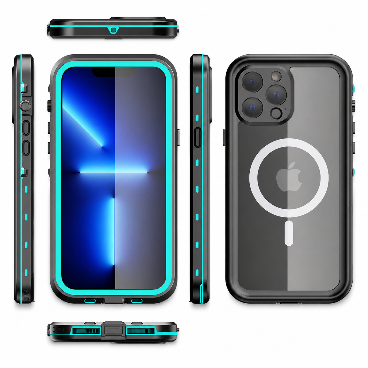 Turquoise-accented black full-body case shown from front, back and all four edges. A turquoise screen border and side accents contrast with the white magnetic ring on the clear back.