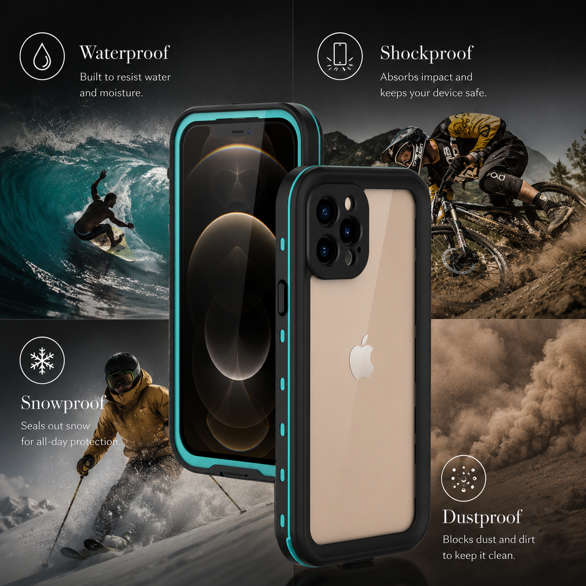 Turquoise-accented case shown from front and back amid surfing, mountain-biking, skiing and dust-cloud scenes. Text labels waterproof, shockproof, snowproof and dustproof protection.