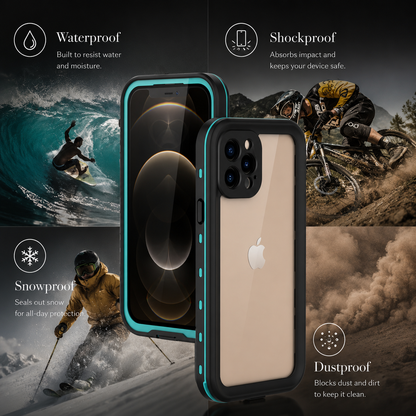 Turquoise-accented case shown from front and back amid surfing, mountain-biking, skiing and dust-cloud scenes. Text labels waterproof, shockproof, snowproof and dustproof protection.