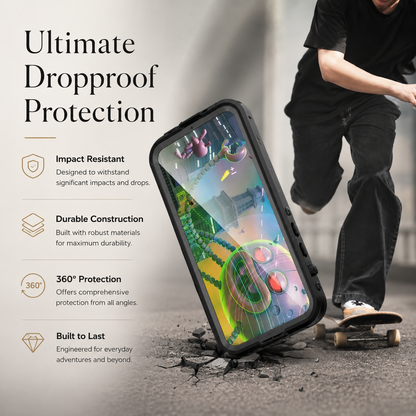 Black full-body case illustrated striking cracked pavement beside a skateboarder. Text claims impact resistance, durable construction and 360-degree protection.