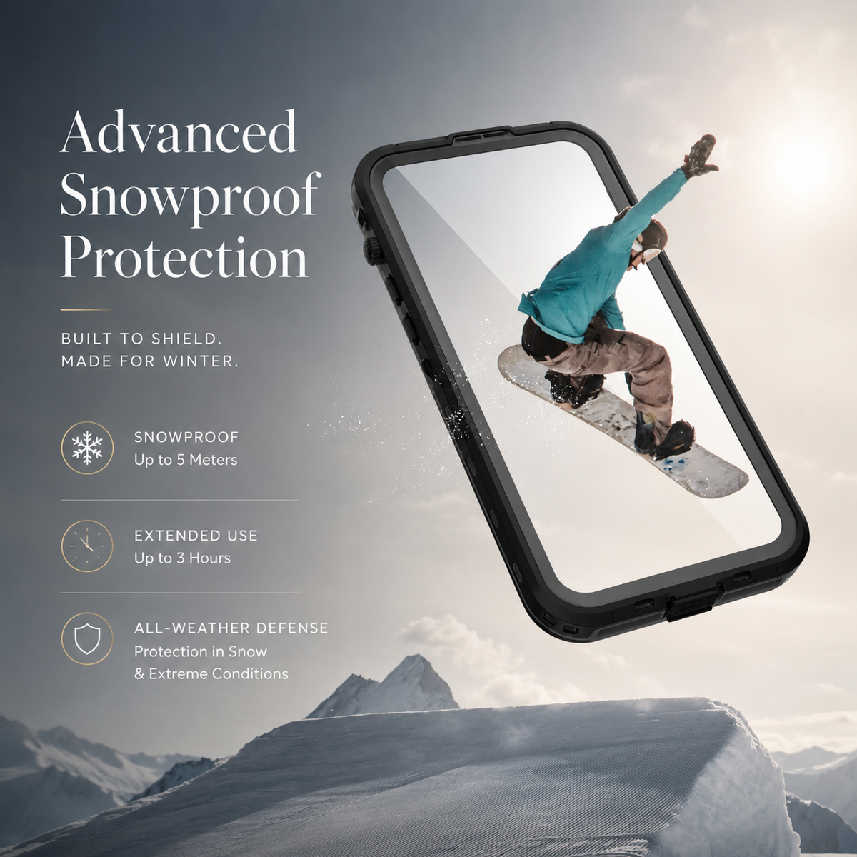 Snowboarder illustrated emerging from the screen of a black case above snowy mountains. Text claims snowproof protection up to 5 meters, up to 3 hours of use and all-weather defense.