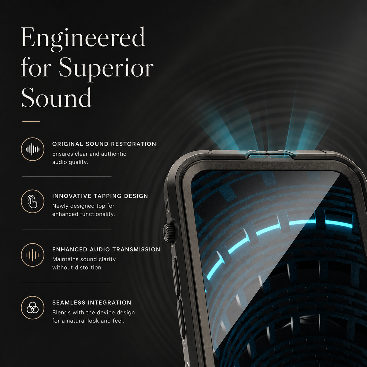 Close-up of the upper front of a black full-body case with blue sound-wave graphics radiating from it. Text claims sound restoration, improved audio transmission and seamless integration.