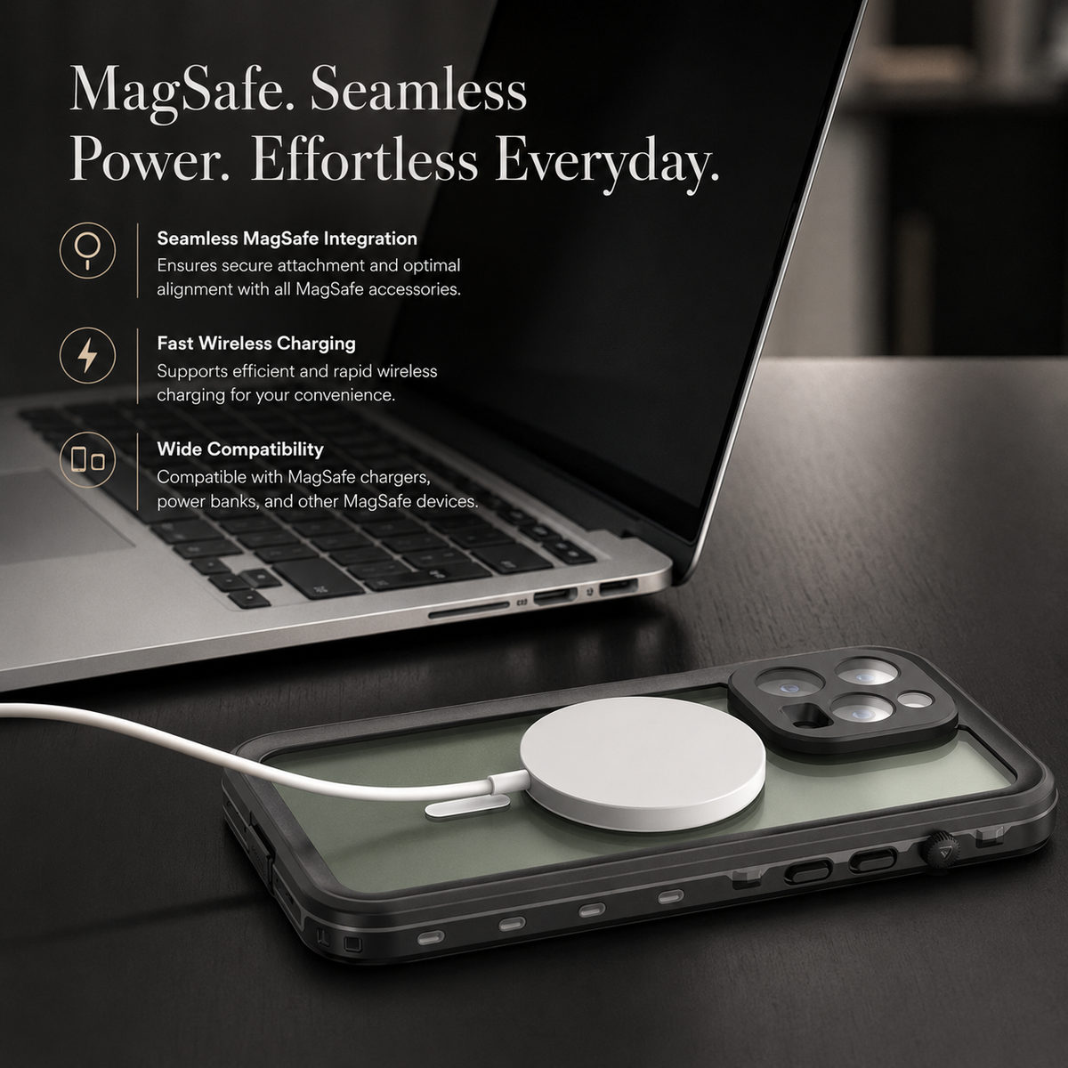 Black magnetic phone case lies on a desk beside a laptop with a white wireless charging puck attached. Text promotes MagSafe integration, fast wireless charging and accessory compatibility.