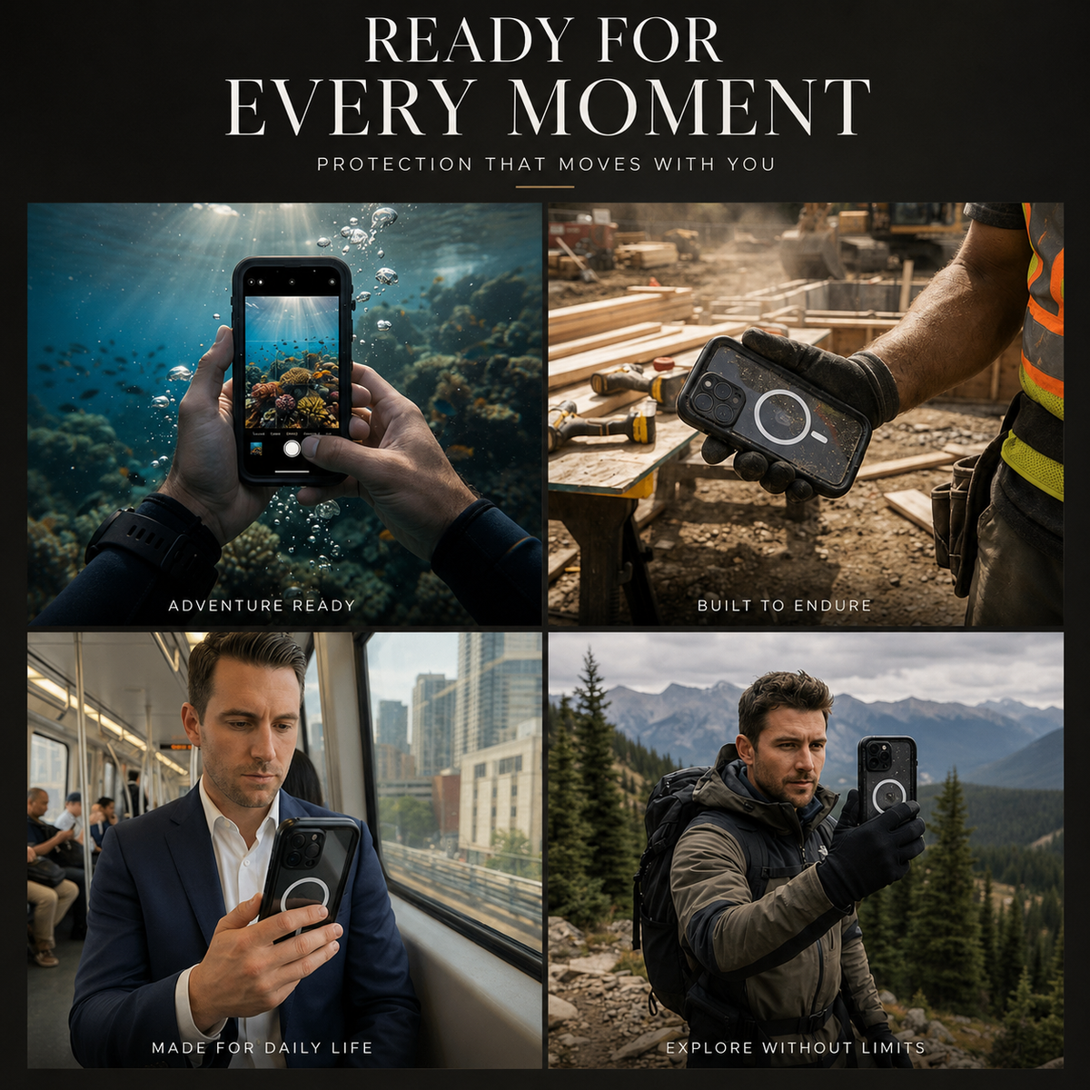 Four scenes show a phone used underwater, held at a construction site, checked in a city and photographed outdoors. Text promotes protection for adventure, work, daily life and exploration.