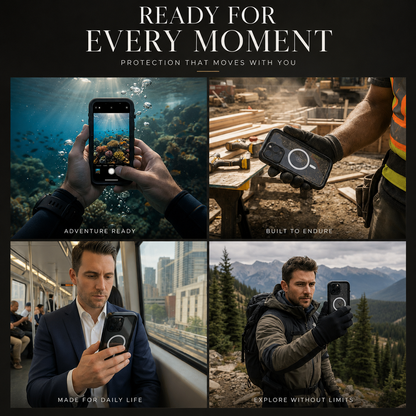 Four scenes show a phone used underwater, held at a construction site, checked in a city and photographed outdoors. Text promotes protection for adventure, work, daily life and exploration.