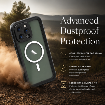 Green phone in a black magnetic case illustrated landing in a dust cloud on rough ground. Text claims dustproof sealing and protection against particles.