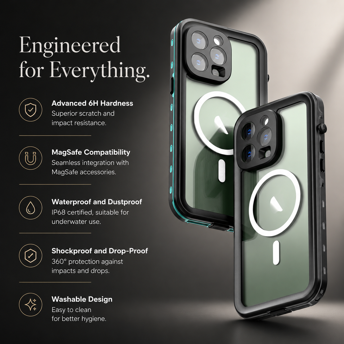 Two green phones in black magnetic cases float from rear views against gray. Text claims 6H hardness, MagSafe compatibility, IP68 waterproof and dustproof protection, drop resistance and washability.