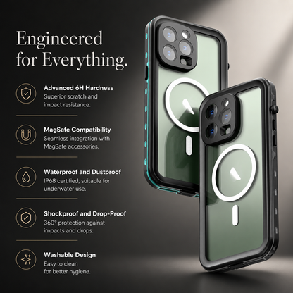 Two green phones in black magnetic cases float from rear views against gray. Text claims 6H hardness, MagSafe compatibility, IP68 waterproof and dustproof protection, drop resistance and washability.