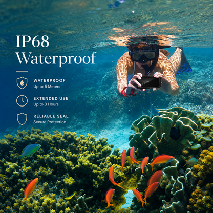 A snorkeler holds a phone horizontally underwater above coral and orange fish. Text claims IP68 waterproofing up to 5 meters and up to 3 hours, with a reliable seal.