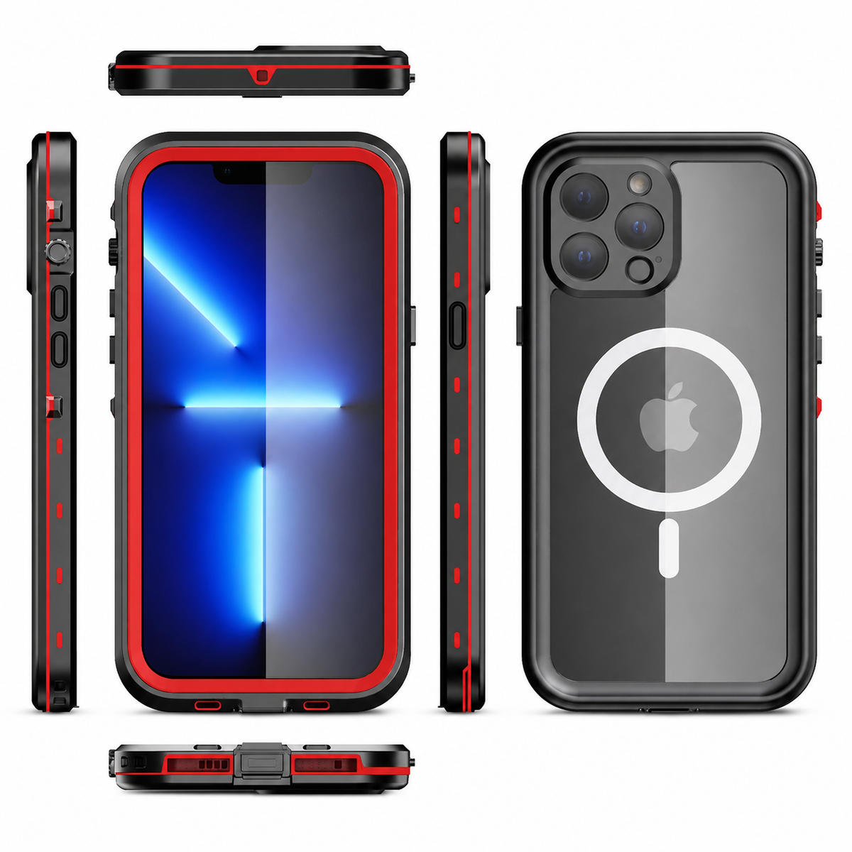 Red-accented black full-body magnetic case shown from front, back and all four edges. The red screen border and side accents frame a clear back with a white alignment ring.