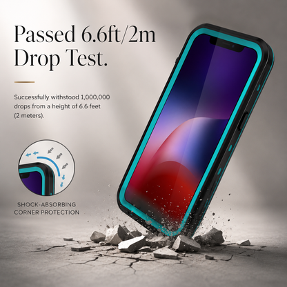 Turquoise-accented case illustrated striking cracked ground, with a corner cross-section inset. Text claims passing a 6.6-foot or 2-meter drop test and withstanding 1,000,000 drops.