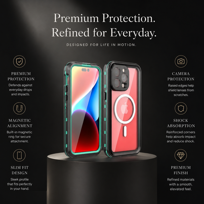 Red phone in a turquoise-accented magnetic case stands from front and back on a round pedestal. Text promotes protection, magnetic alignment, slim fit, camera protection and shock absorption.