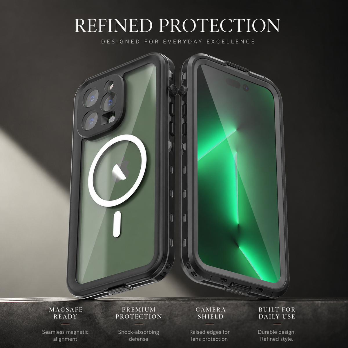 Green phone in a black full-body magnetic case shown from clear rear and green front screen. Text highlights MagSafe readiness, shock-absorbing defense, raised camera edges and durability.