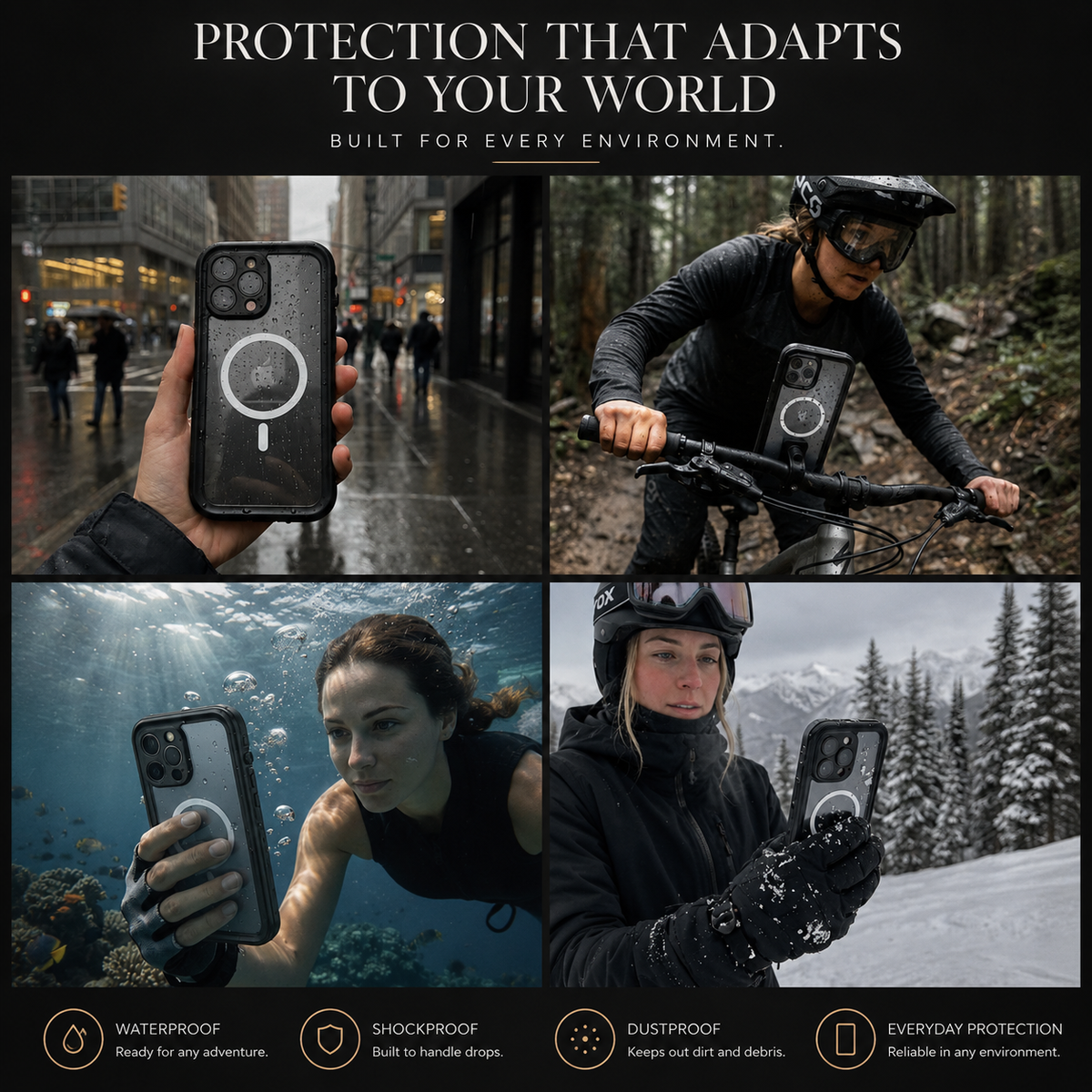 Four-panel collage shows a magnetic-cased phone in a rainy city, with a forest cyclist, underwater with a swimmer and in a snowy setting. Text promotes waterproof, shockproof and dustproof protection.
