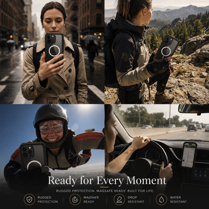 Four scenes show people holding a magnetic-cased phone in a city, on a mountain trail, during an outdoor activity and mounted inside a car. Text promotes protection for every moment.