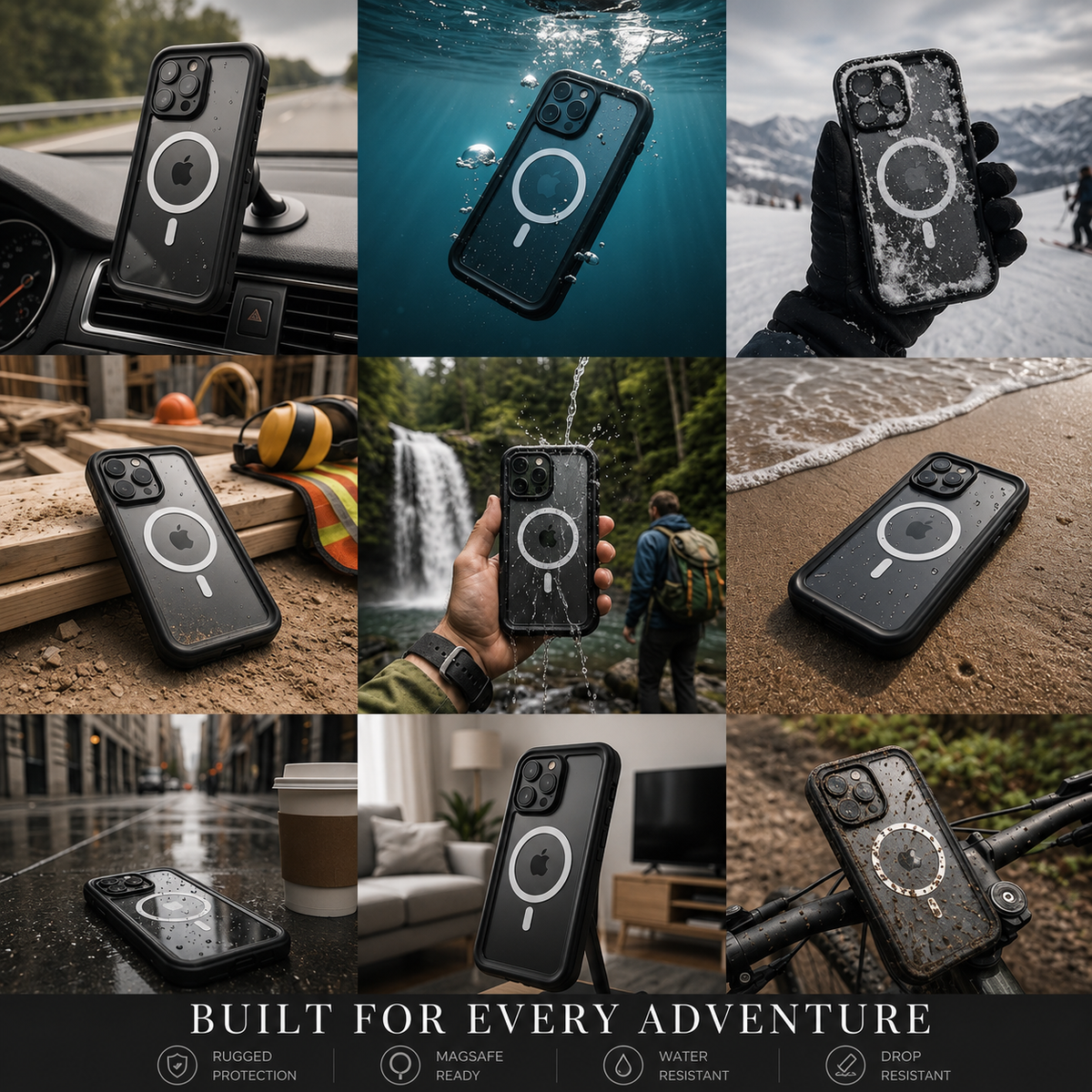 Nine-panel collage shows a magnetic-cased phone on a car mount, underwater, in snow, at a worksite, near a waterfall, on a beach and in indoor and rainy outdoor settings.