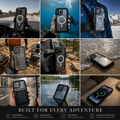 Nine-panel collage shows a magnetic-cased phone on a car mount, underwater, clipped to outdoor clothing, at a worksite, on a beach, in a city and charging wirelessly.