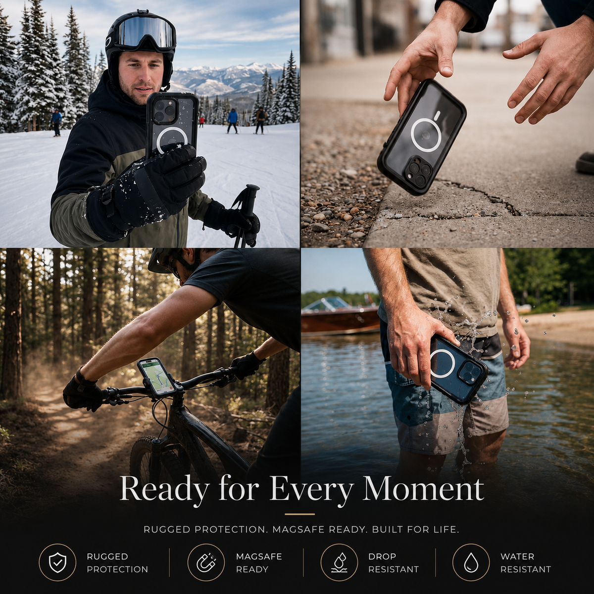 Four scenes show a skier holding a magnetic-cased phone, a case dropping to the ground, a cyclist using a mounted phone and a person holding one beside water. Text promotes rugged protection.
