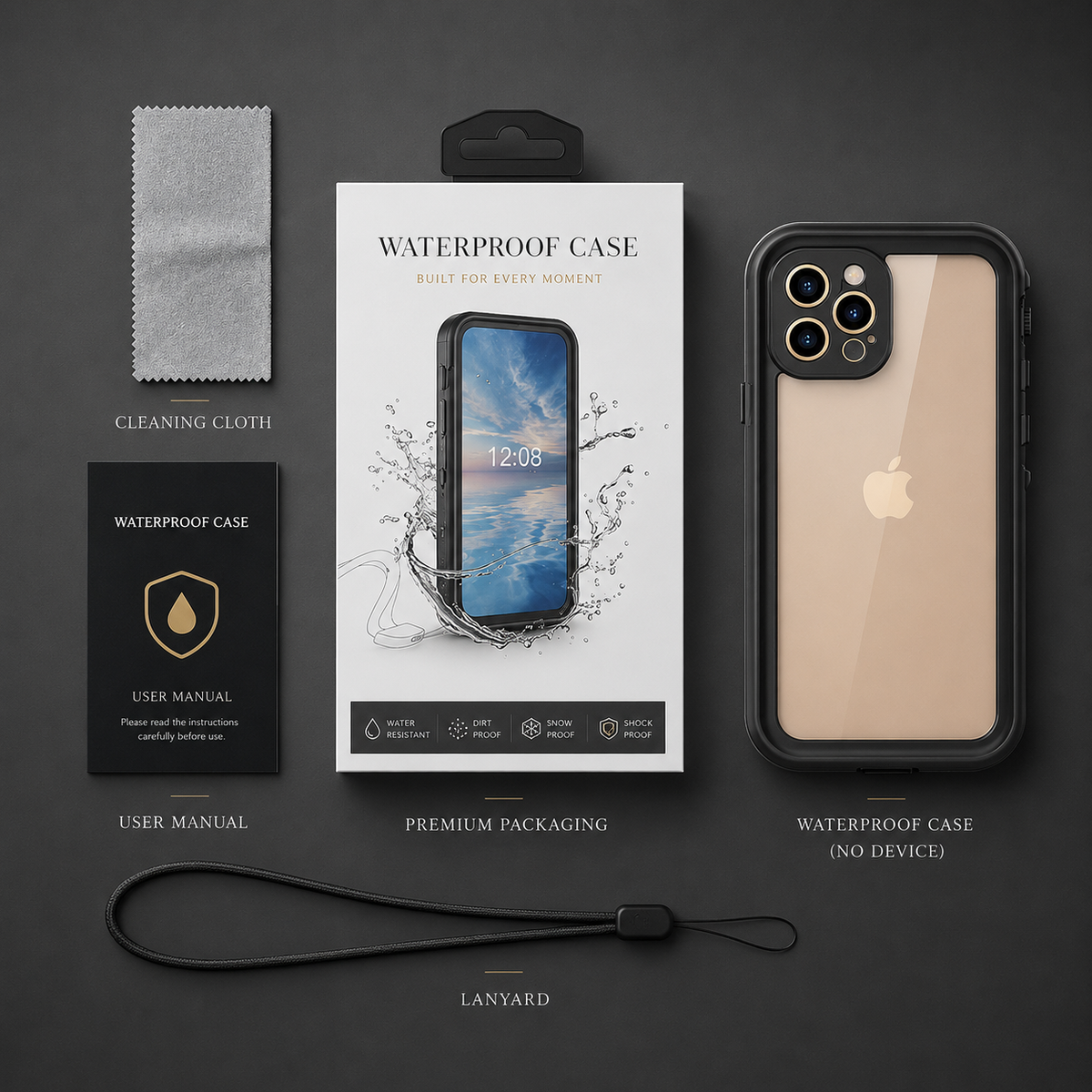 Contents arranged against gray: a cleaning cloth, waterproof-case user manual, retail box, black wrist lanyard and black case displaying a gold phone. Text labels the case as supplied without a device.