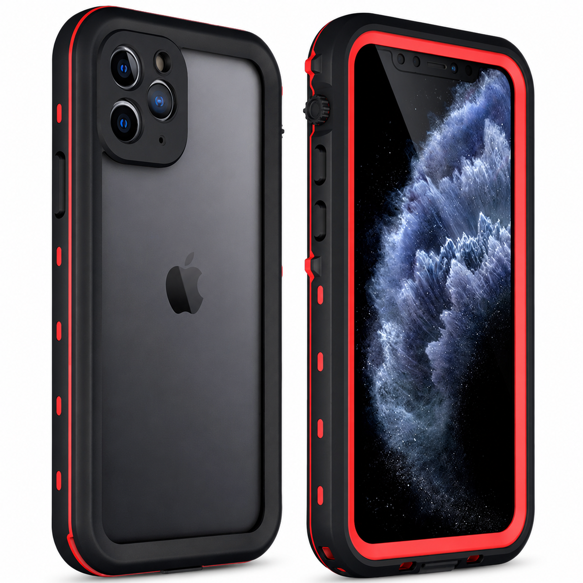 Black full-body phone case with red edging shown from front and clear back. Thick borders surround the cloudy screen and camera area, with covered side buttons.