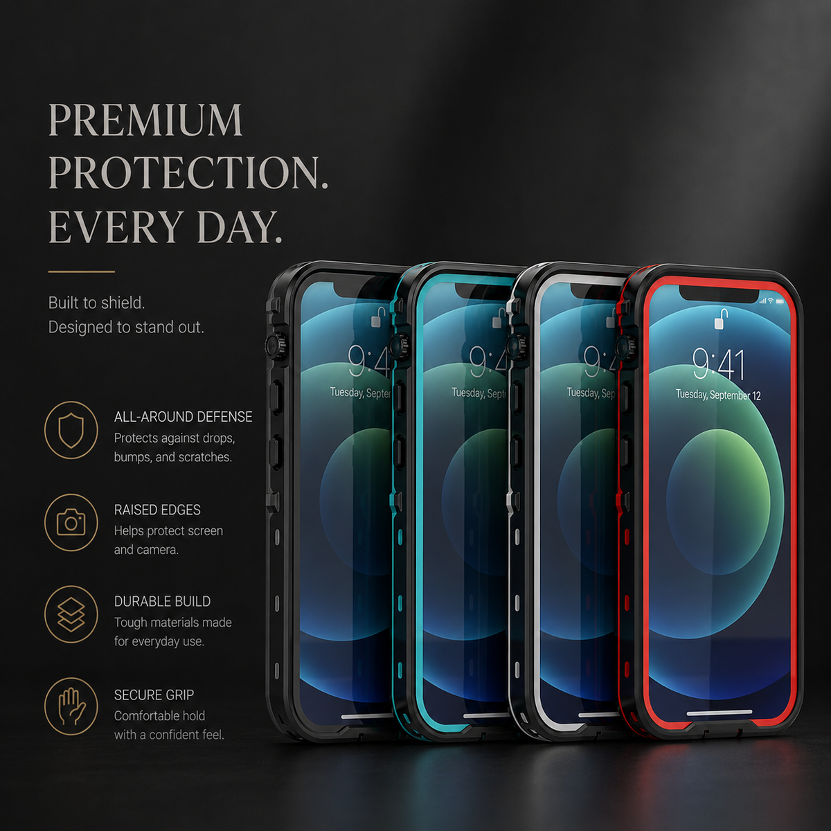 Four full-body phone cases stand in a row with blue, turquoise, gray and red screen borders. Text promotes all-round defense, raised edges, durability and a secure grip.