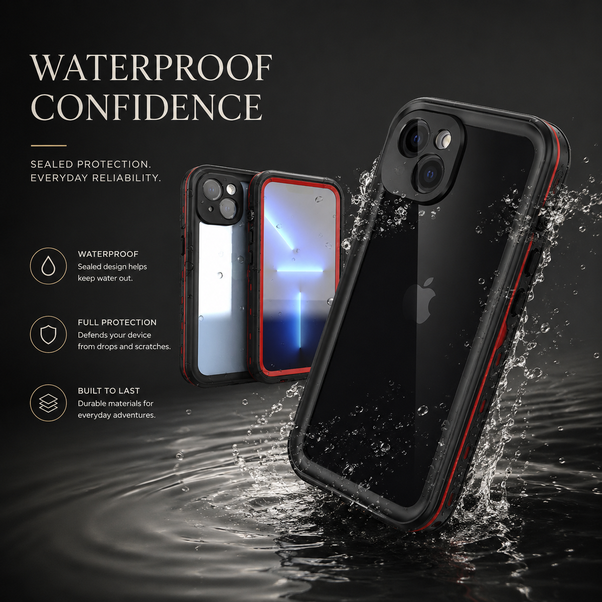 Black case with red accents shown from the back amid a splash of water, with smaller front and rear views behind. Text claims waterproof sealing and full-body protection.