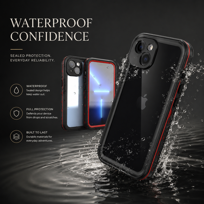 Black case with red accents shown from the back amid a splash of water, with smaller front and rear views behind. Text claims waterproof sealing and full-body protection.