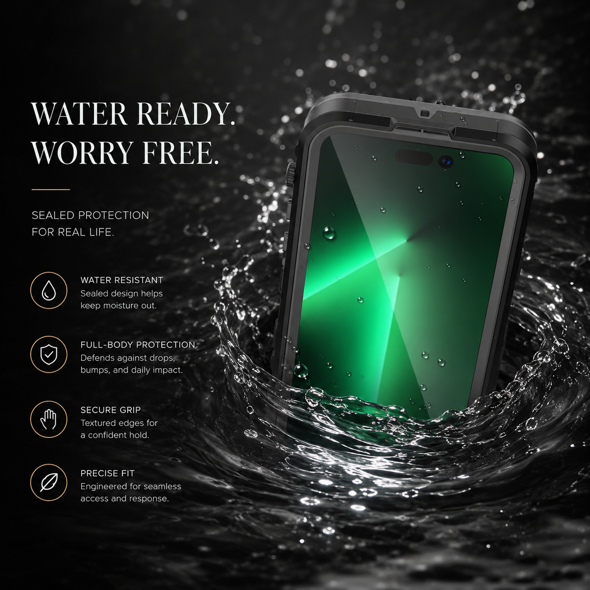 Black full-body phone case with water droplets on its green screen stands in a splash. Text promotes water resistance, full-body protection, a secure grip and precise fit.