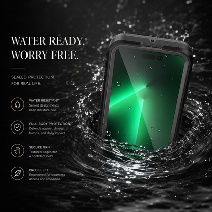 Black full-body phone case with water droplets on its green screen stands in a splash. Text promotes water resistance, full-body protection, a secure grip and precise fit.
